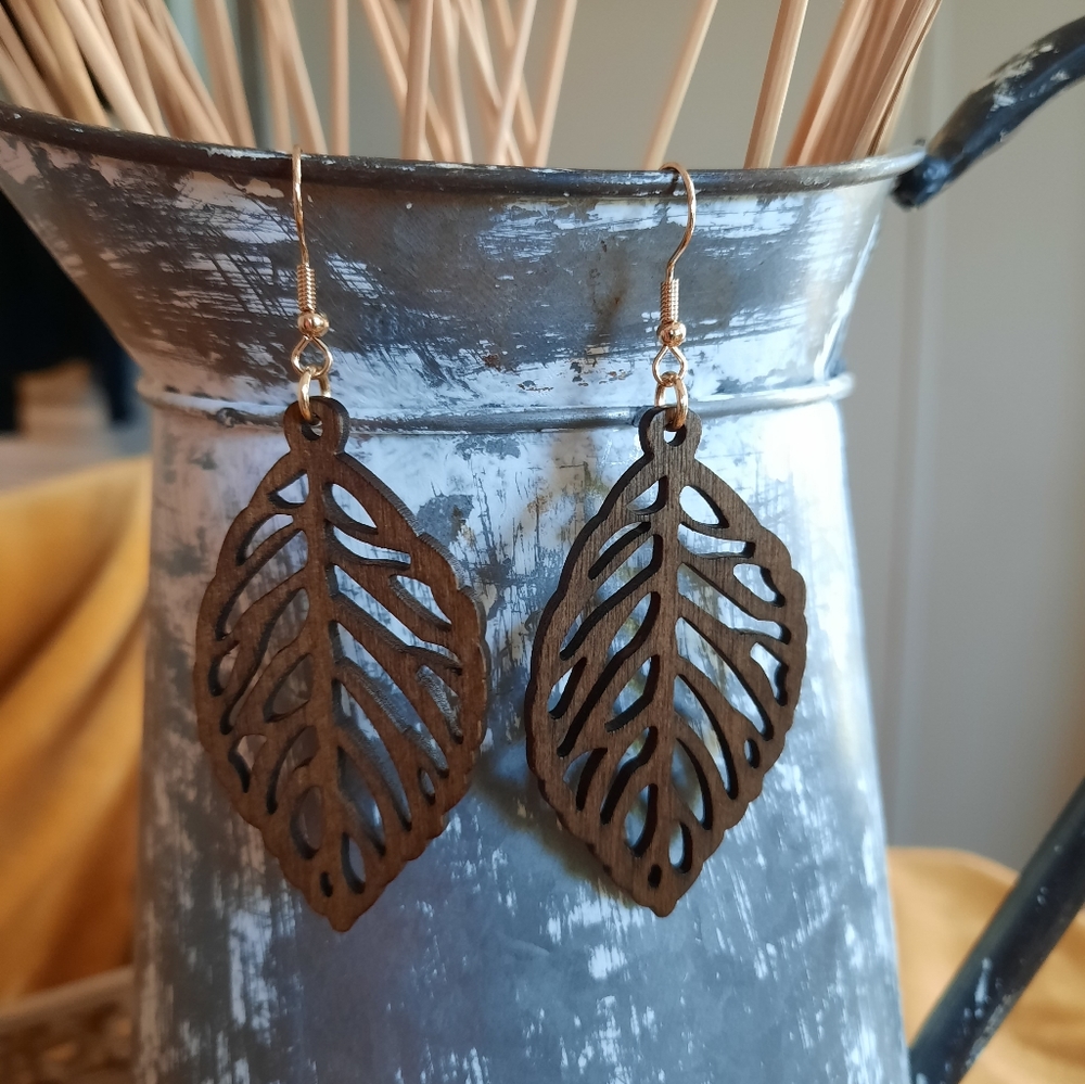 Hollow Leaf Earrings Wood Bohemian Dangle Style